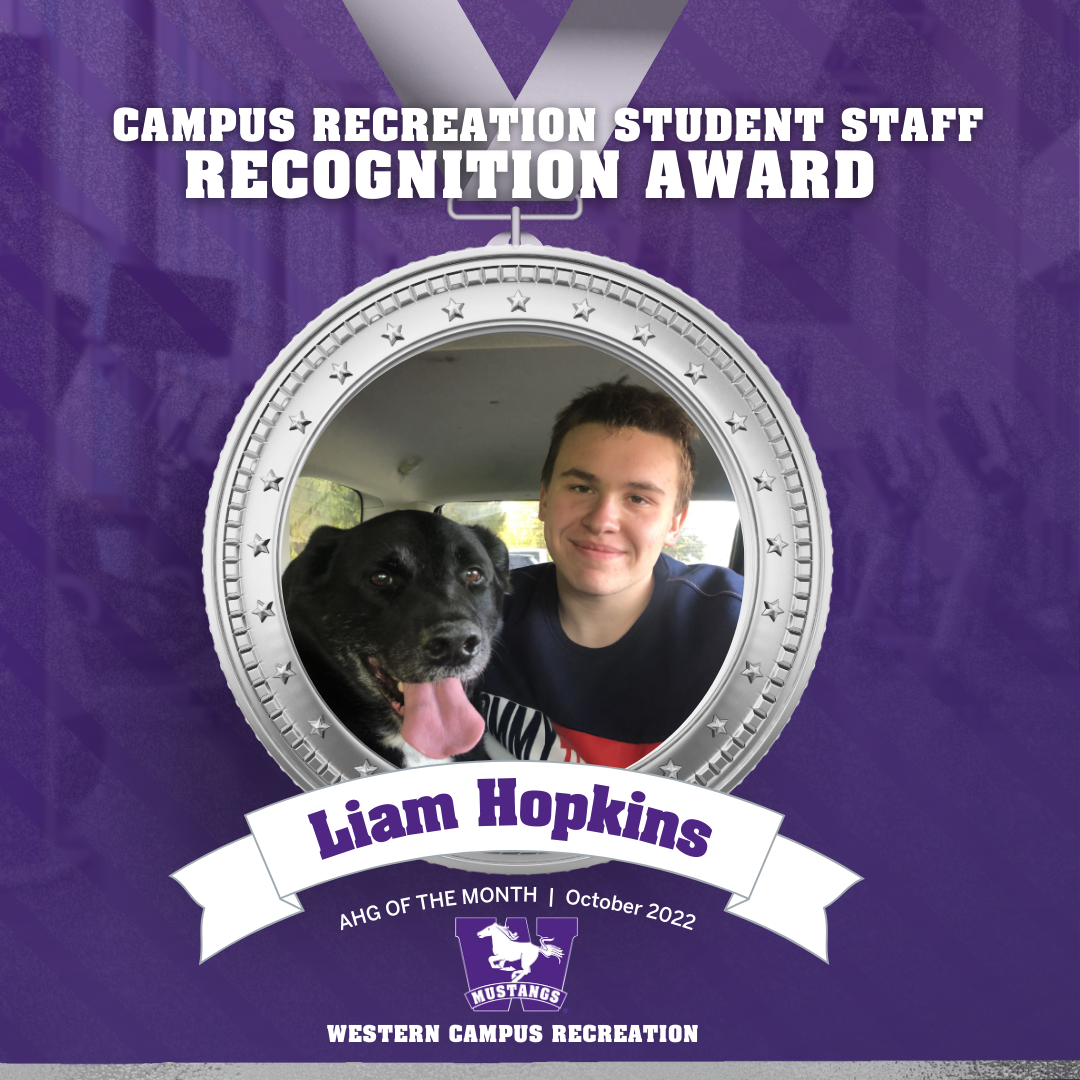 Head shot of Liam Hopkins inside a silver medal graphic that says Student Staff recognition award